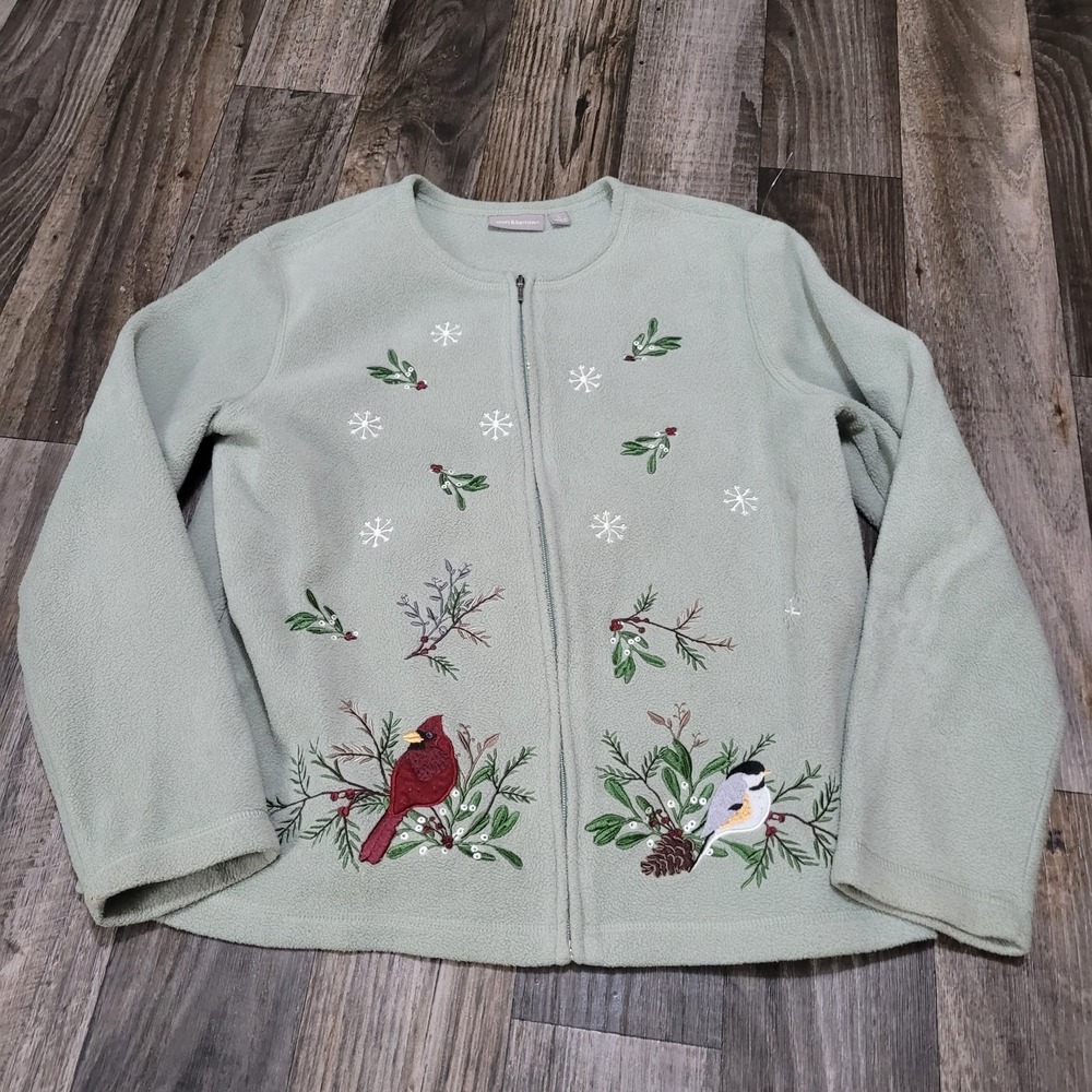 Croft & Barrow Fleece Sweater Size L Green Birds Cardinal Embroidered Full Zip